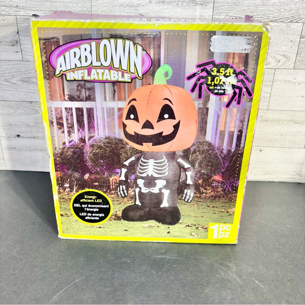 3.5ft. Gemmy Airblown Inflatable Happy Pumpkin Boy Skeleton Halloween Holiday‎